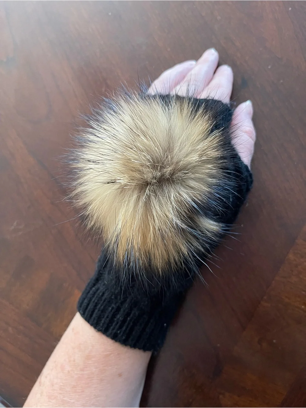 Black Kids Knit Mittens with Fur detachable Pom Pom